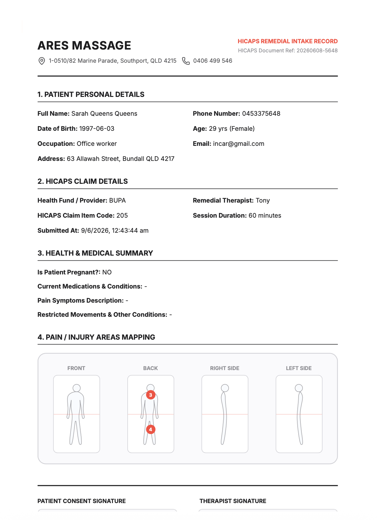 AORA HICAPS Intake Record PDF Mockup