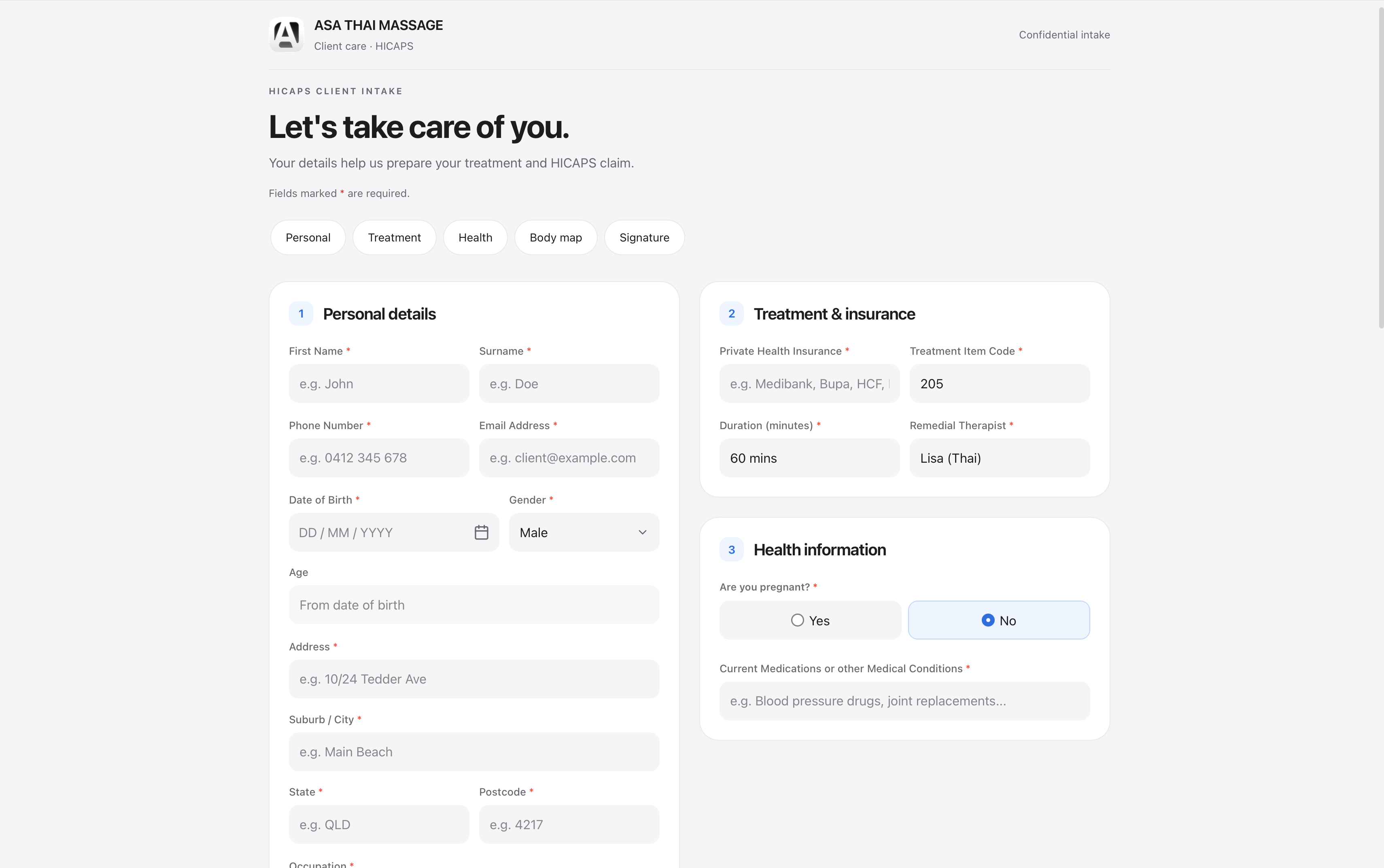 AORA digital HICAPS client intake form on desktop