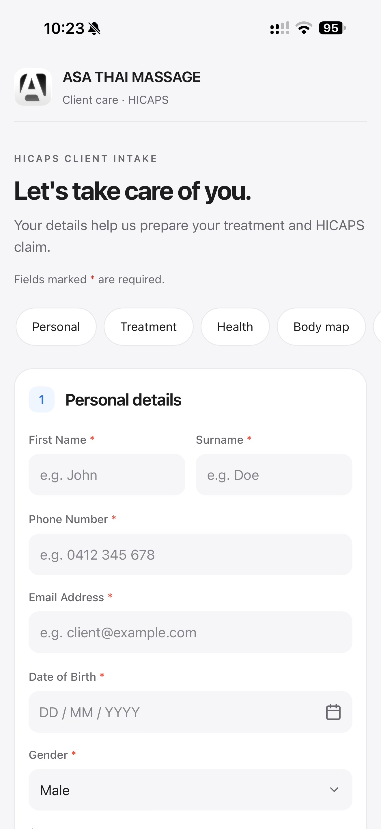 AORA client intake form on mobile